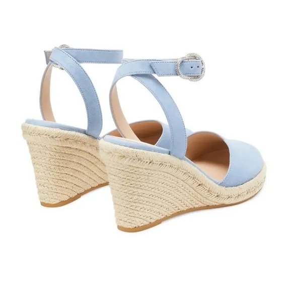Stuart Weitzman Cornflower Blue Suede Leather Wedge Espadrille Sandals Size 6