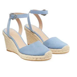 Stuart Weitzman Cornflower Blue Suede Leather Wedge Espadrille Sandals Size 6