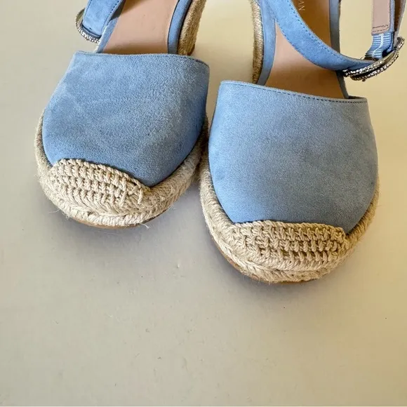 Stuart Weitzman Cornflower Blue Suede Leather Wedge Espadrille Sandals Size 6