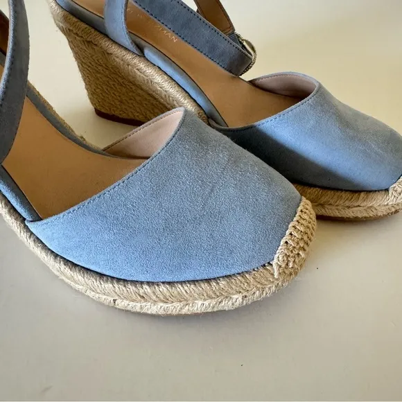 Stuart Weitzman Cornflower Blue Suede Leather Wedge Espadrille Sandals Size 6