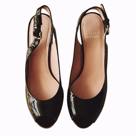 Stuart Weitzman Jean Black Patent Cork Wedge Sandal | 7.5