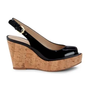 Stuart Weitzman Jean Black Patent Cork Wedge Sandal | 7.5
