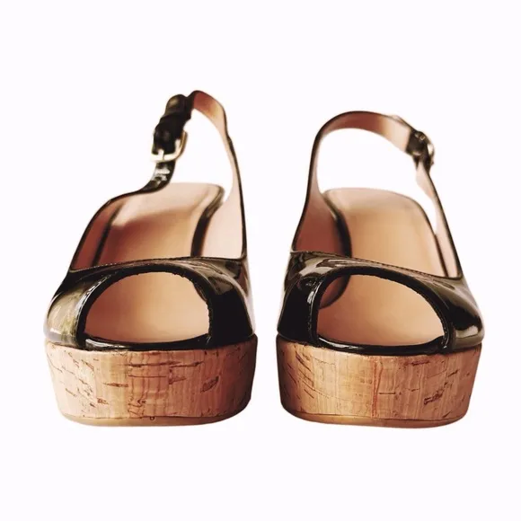 Stuart Weitzman Jean Black Patent Cork Wedge Sandal | 7.5