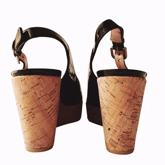 Stuart Weitzman Jean Black Patent Cork Wedge Sandal | 7.5