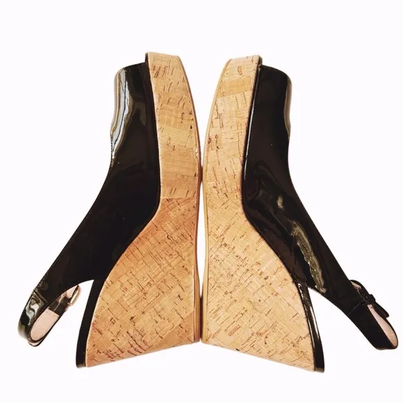 Stuart Weitzman Jean Black Patent Cork Wedge Sandal | 7.5
