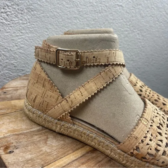 Stuart Weitzman l 7M Designer Perforated Geo Cork Ankle Strap Espadrille Sandals