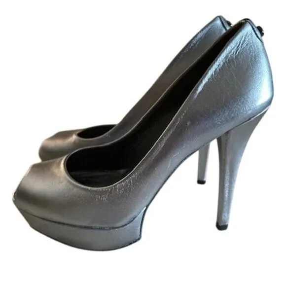 Stuart Weitzman Leather Silver Metallic Peep-Toe Heels – Size 7 Made is Spain