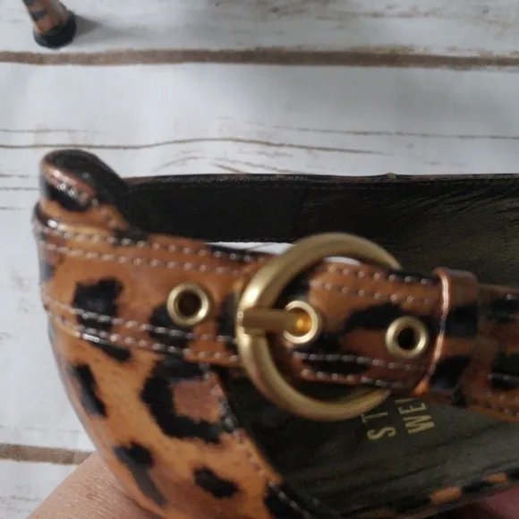 Stuart Weitzman leopard print heels with gold buckles