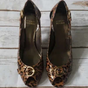 Stuart Weitzman leopard print heels with gold buckles