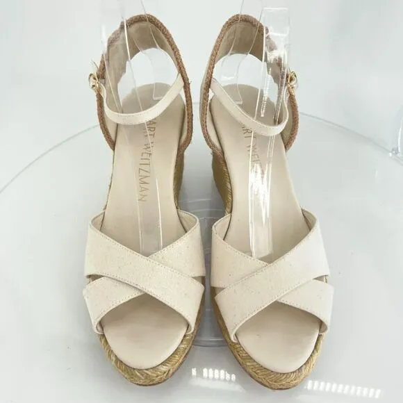 Stuart Weitzman Mirela II Women's Size 9 B Canvas Espadrille Wedge Sandals Ivory