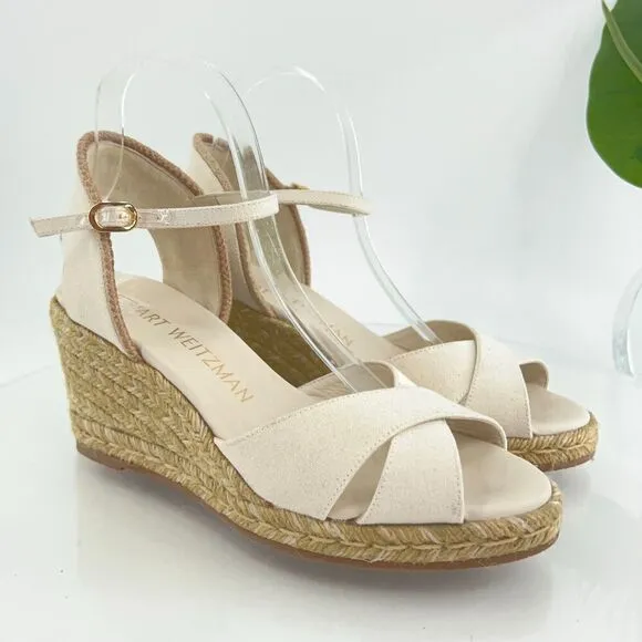 Stuart Weitzman Mirela II Women's Size 9 B Canvas Espadrille Wedge Sandals Ivory