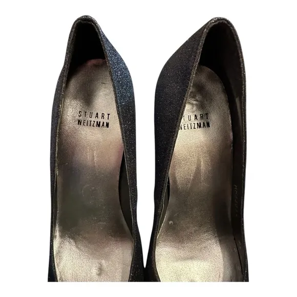 Stuart Weitzman Navy Dagger Mini Glitter 5” Heels with Pointed Toe and Stiletto