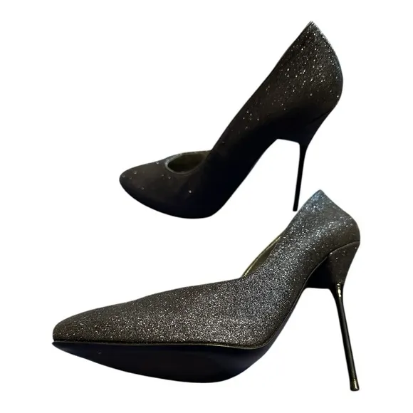 Stuart Weitzman Navy Dagger Mini Glitter 5” Heels with Pointed Toe and Stiletto