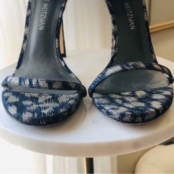 STUART WEITZMAN NUDIST Navy Blue Silver Galaxy Denim Heel Sandals