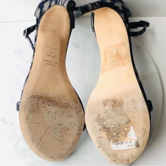 STUART WEITZMAN NUDIST Navy Blue Silver Galaxy Denim Heel Sandals