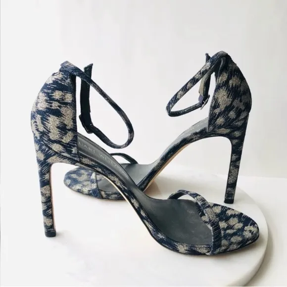 STUART WEITZMAN NUDIST Navy Blue Silver Galaxy Denim Heel Sandals