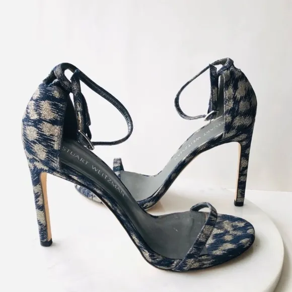 STUART WEITZMAN NUDIST Navy Blue Silver Galaxy Denim Heel Sandals