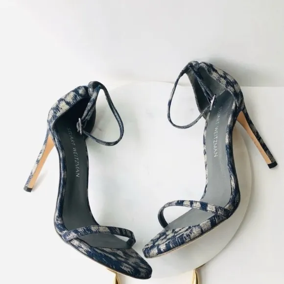 STUART WEITZMAN NUDIST Navy Blue Silver Galaxy Denim Heel Sandals