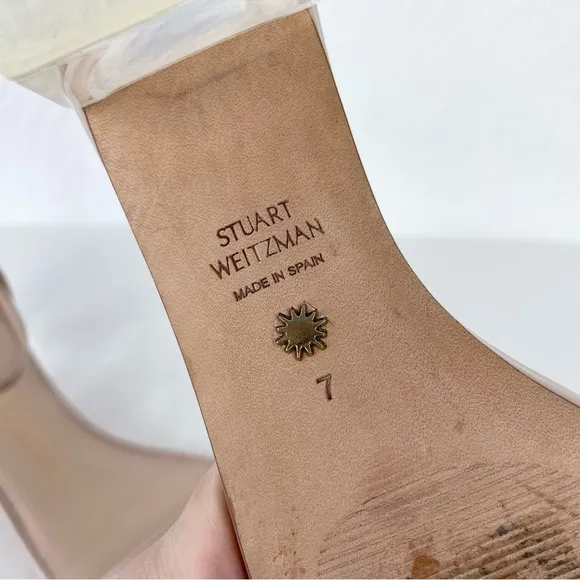 {Stuart Weitzman} Nudistcurve 35 Lucite Block Heel Sandals, Size 7