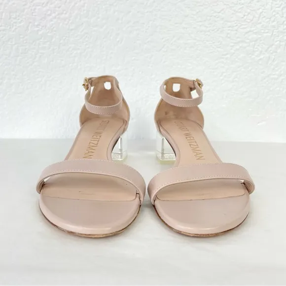 {Stuart Weitzman} Nudistcurve 35 Lucite Block Heel Sandals, Size 7