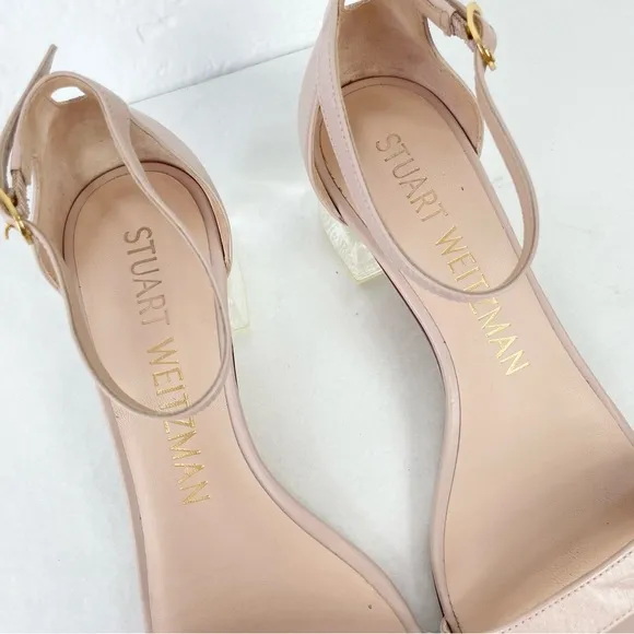 {Stuart Weitzman} Nudistcurve 35 Lucite Block Heel Sandals, Size 7