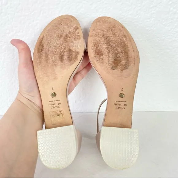 {Stuart Weitzman} Nudistcurve 35 Lucite Block Heel Sandals, Size 7