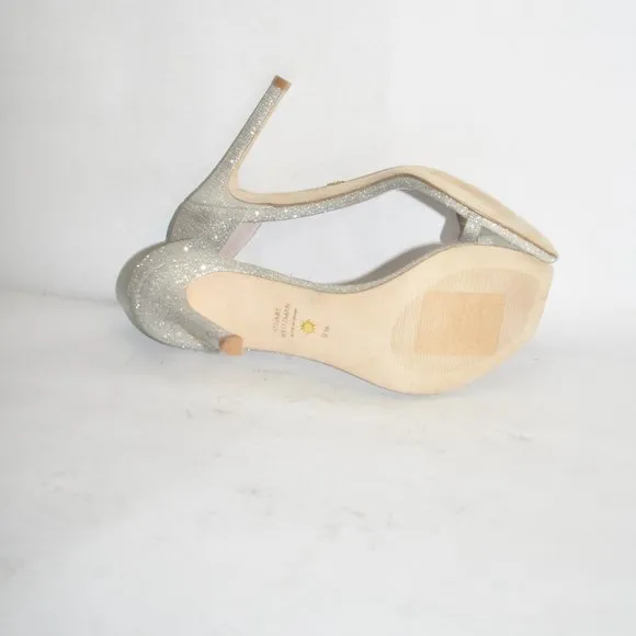 STUART WEITZMAN Nudistcurve Ankle Strap Sandal SILVER CRYSTAL 9.5  (D4)