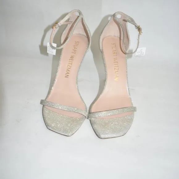 STUART WEITZMAN Nudistcurve Ankle Strap Sandal SILVER CRYSTAL 9.5  (D4)