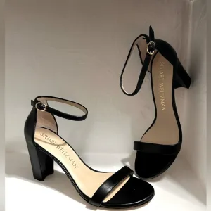 Stuart Weitzman NWOT Black Leather NearlyNude Strap Sandal Size 10