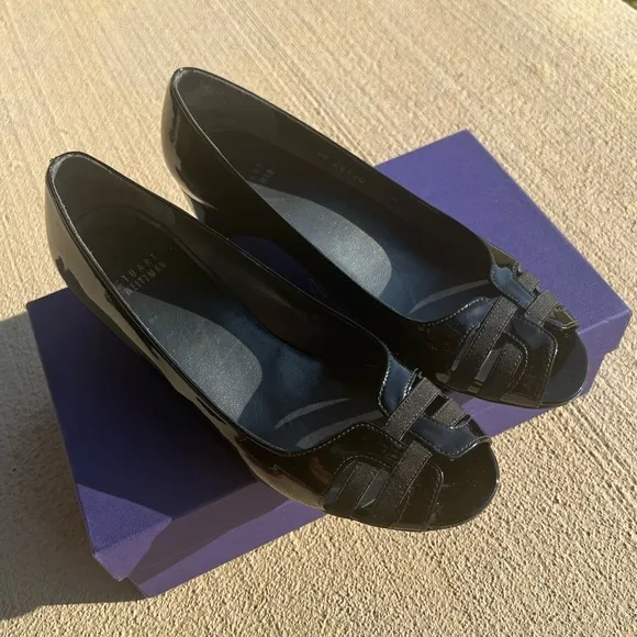 Stuart Weitzman One Day Pump, Peep-Toe Wedge Shoes Black Size 8M In Original Box
