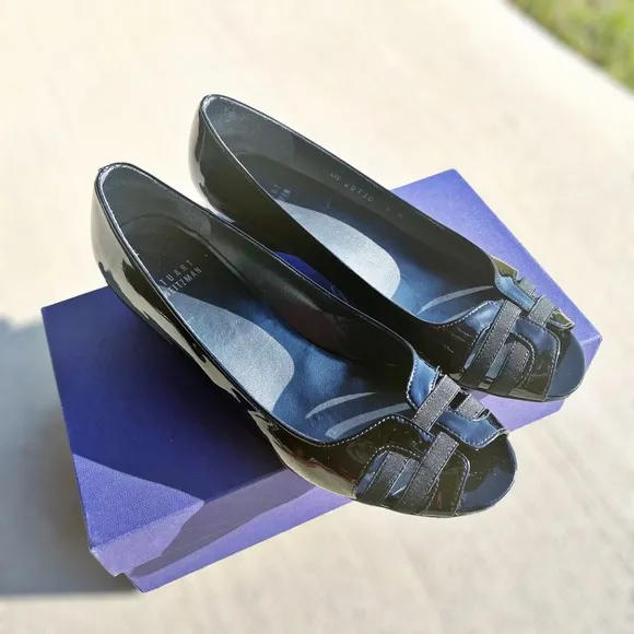 Stuart Weitzman One Day Pump, Peep-Toe Wedge Shoes Black Size 8M In Original Box
