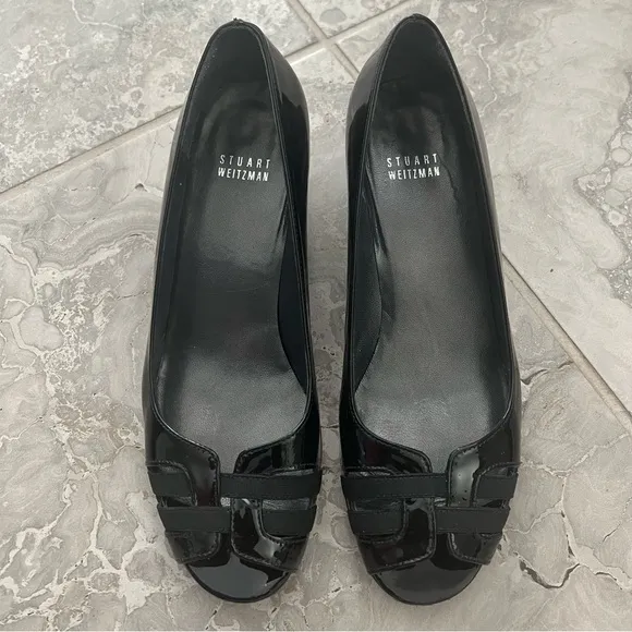 Stuart Weitzman One Day Pump, Peep-Toe Wedge Shoes Black Size 8M In Original Box
