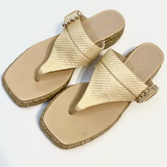 Stuart Weitzman Pearl Buckle Natural Espadrille Sandals Size 10