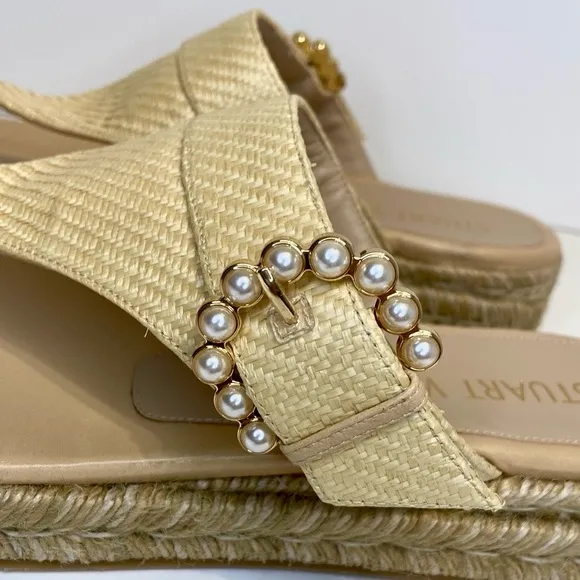 Stuart Weitzman Pearl Buckle Natural Espadrille Sandals Size 10