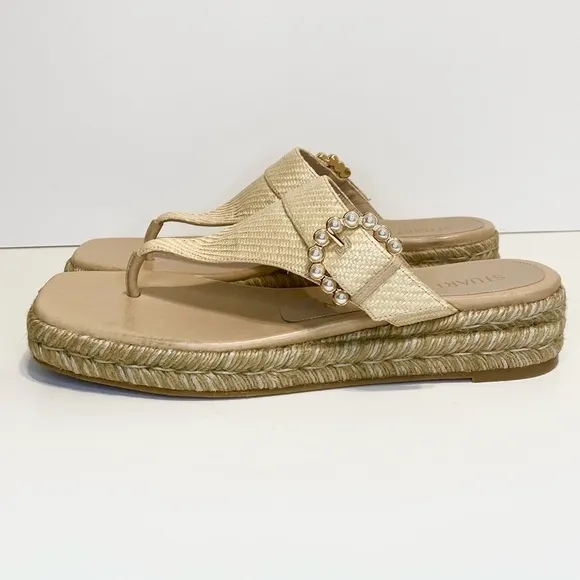 Stuart Weitzman Pearl Buckle Natural Espadrille Sandals Size 10
