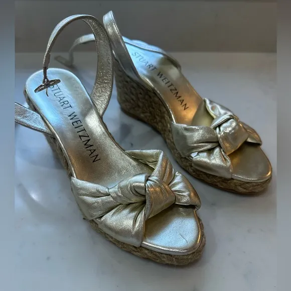 STUART WEITZMAN Playa Espadrille Knot Wedge Sandal Gold Natural 7