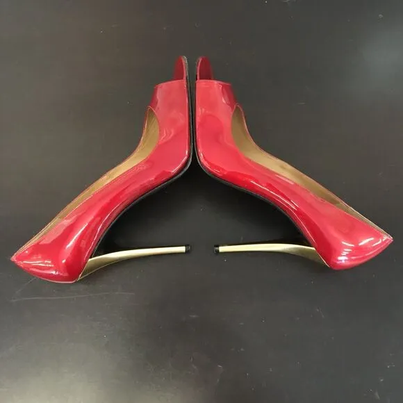 Stuart Weitzman Red Patent Leather Open Toe Pump Gold Stiletto Heel Women 10 M