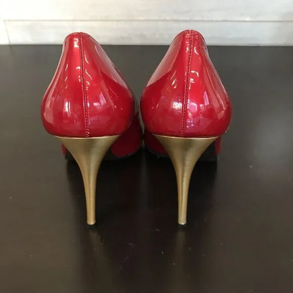 Stuart Weitzman Red Patent Leather Open Toe Pump Gold Stiletto Heel Women 10 M