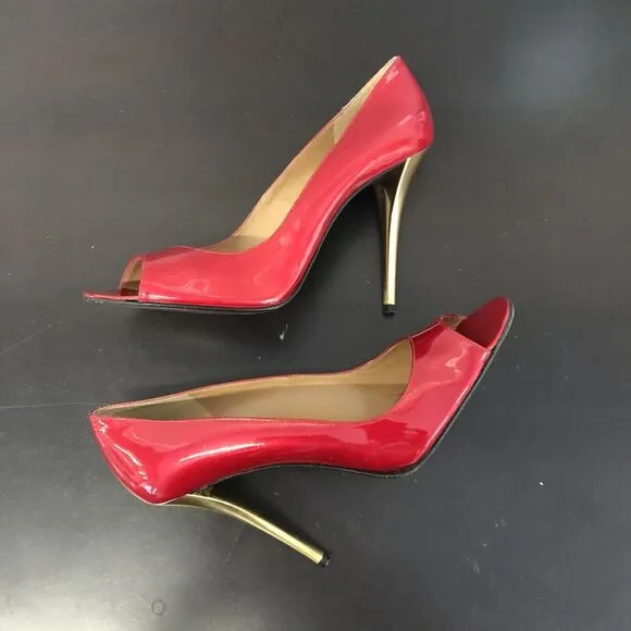 Stuart Weitzman Red Patent Leather Open Toe Pump Gold Stiletto Heel Women 10 M