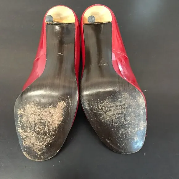 Stuart Weitzman Red Patent Leather Open Toe Pump Gold Stiletto Heel Women 10 M