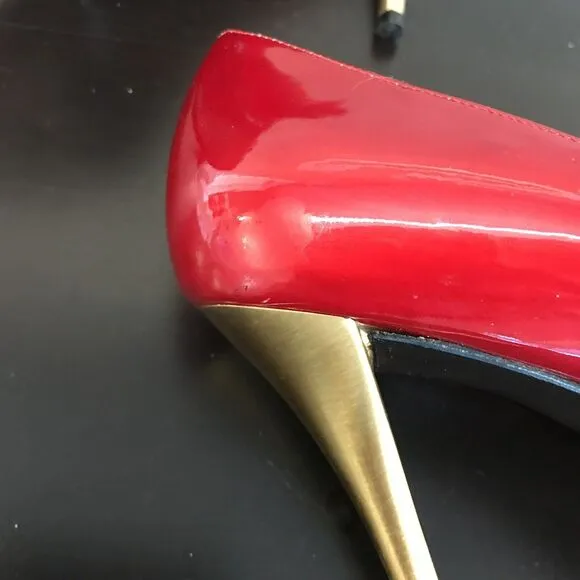 Stuart Weitzman Red Patent Leather Open Toe Pump Gold Stiletto Heel Women 10 M