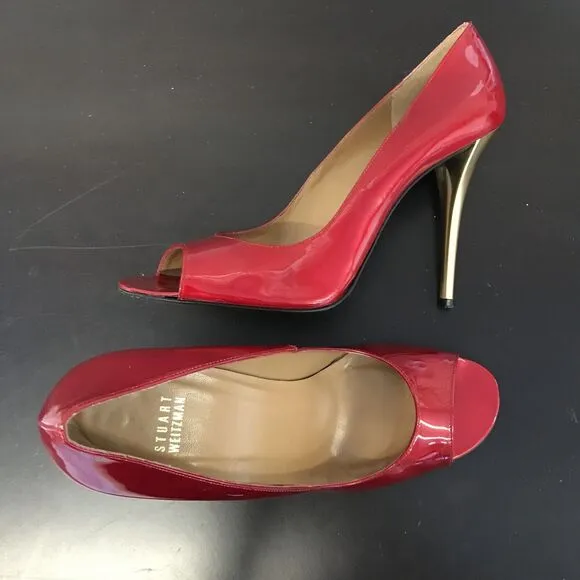 Stuart Weitzman Red Patent Leather Open Toe Pump Gold Stiletto Heel Women 10 M