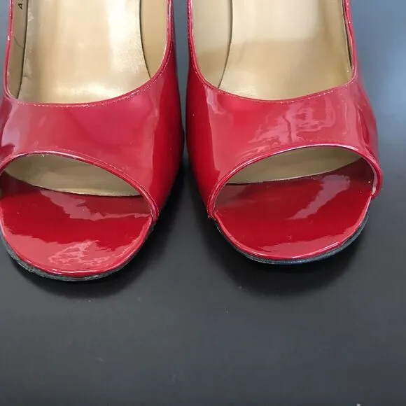 Stuart Weitzman Red Patent Leather Open Toe Pump Gold Stiletto Heel Women 10 M