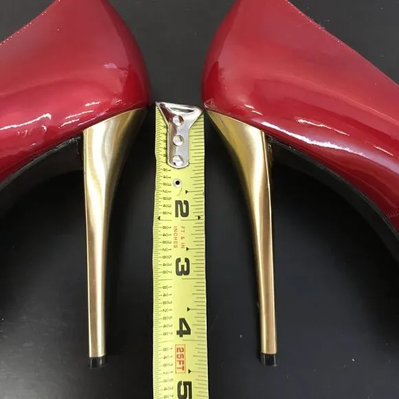 Stuart Weitzman Red Patent Leather Open Toe Pump Gold Stiletto Heel Women 10 M