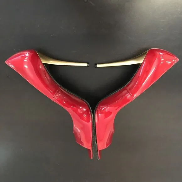 Stuart Weitzman Red Patent Leather Open Toe Pump Gold Stiletto Heel Women 10 M