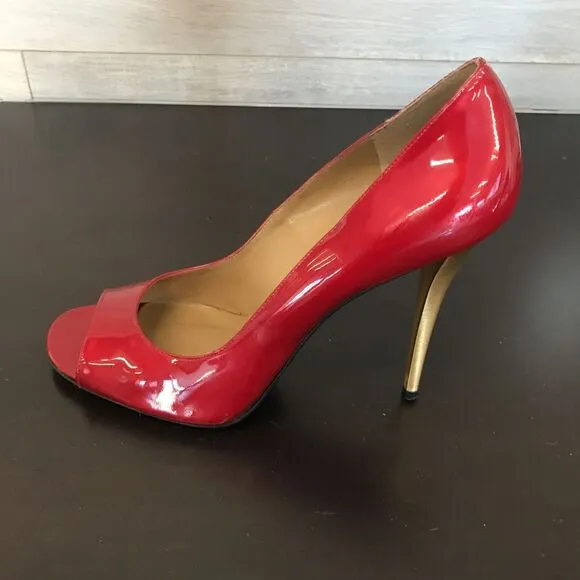 Stuart Weitzman Red Patent Leather Open Toe Pump Gold Stiletto Heel Women 10 M