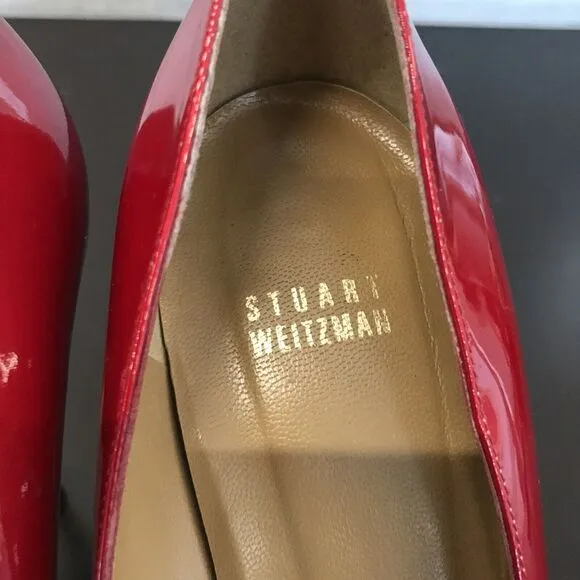 Stuart Weitzman Red Patent Leather Open Toe Pump Gold Stiletto Heel Women 10 M