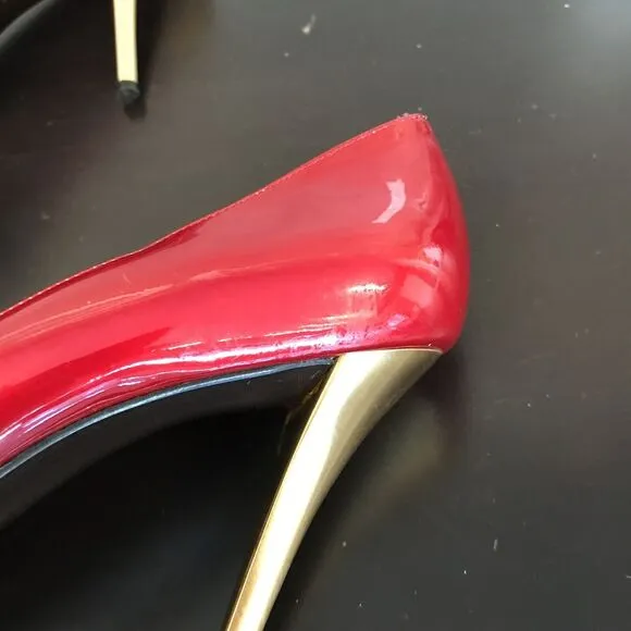 Stuart Weitzman Red Patent Leather Open Toe Pump Gold Stiletto Heel Women 10 M