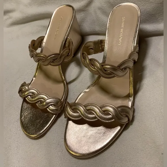 Stuart Weitzman Rose Gold Twistie Block 75MM Metallic Leather Sandal size 8 NWOB