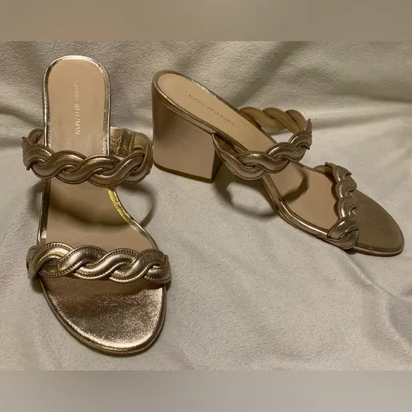 Stuart Weitzman Rose Gold Twistie Block 75MM Metallic Leather Sandal size 8 NWOB